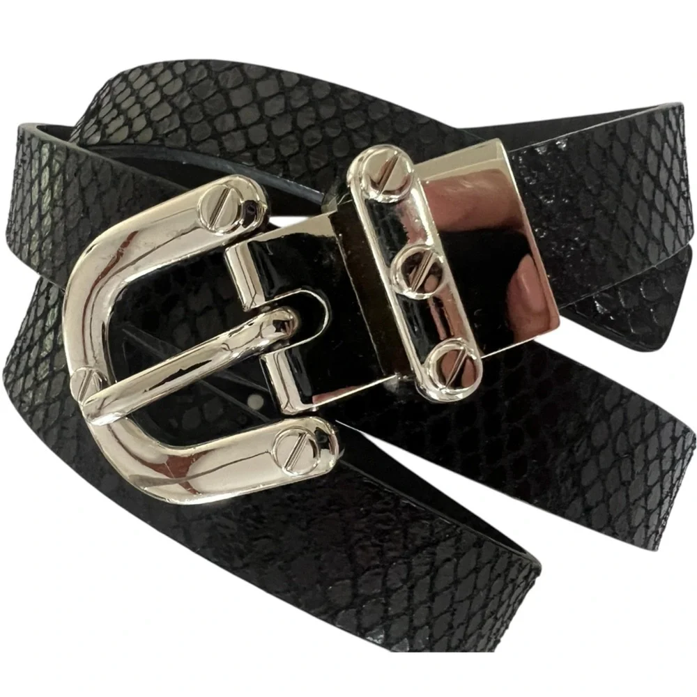 Michael Kors black leather belt thin 3/4” buckle silver snake embossed Size M